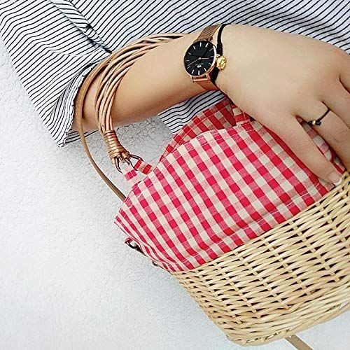  YUANLIFANG Straw Knitting Handbag Straw Rattan Red Plaid Canvas Splicing Shoulder Bag Woven Crossbody Basket Bag with Capacity