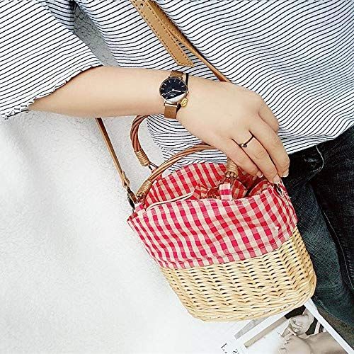  YUANLIFANG Straw Knitting Handbag Straw Rattan Red Plaid Canvas Splicing Shoulder Bag Woven Crossbody Basket Bag with Capacity
