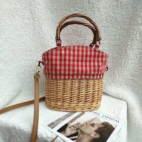  YUANLIFANG Straw Knitting Handbag Straw Rattan Red Plaid Canvas Splicing Shoulder Bag Woven Crossbody Basket Bag with Capacity