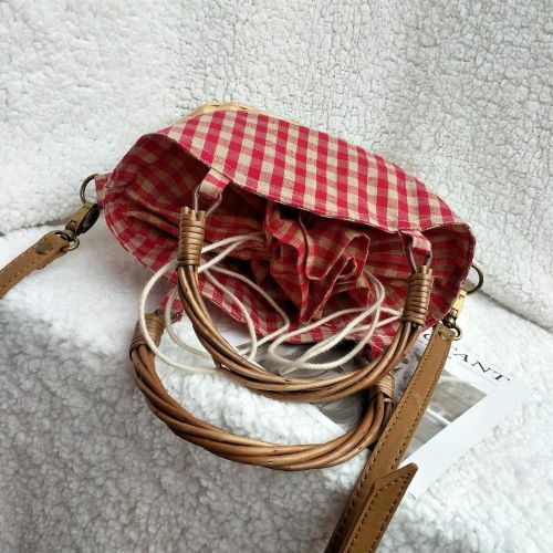  YUANLIFANG Straw Knitting Handbag Straw Rattan Red Plaid Canvas Splicing Shoulder Bag Woven Crossbody Basket Bag with Capacity