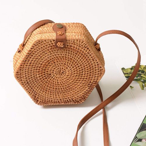  YUANLIFANG Summer Beach Vintage Handmade Rattan Bag Hexagon Straw Women Casual Round Sling Bag