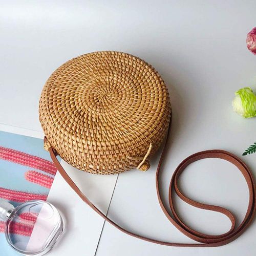  YUANLIFANG Circle Handwoven Round Retro Rattan Straw Beach Bag Cross Body Barrel-Shaped