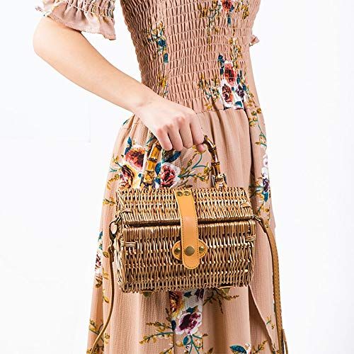  YUANLIFANG Rattan Bag Handmade Woven Wooden Handle Vintage Shoulder Bag Summer Clutch Handbag for Women