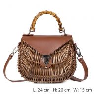 YUANLIFANG Rattan Bag Summer Handmade Woven Hollow Pu Leather Shoulder Bag Wooden Handle Clutch Handbag for Women