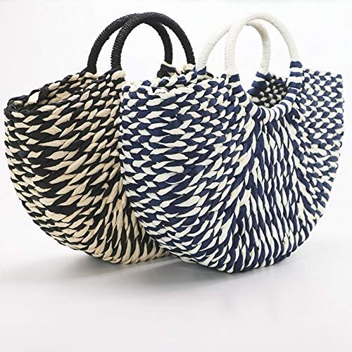  YUANLIFANG Women Round Bucket Semicircle Straw Bag Handmade Net Color Woven Basket Rattan Handbag