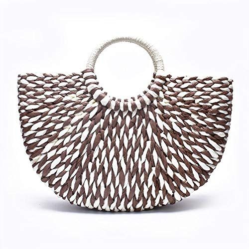  YUANLIFANG Women Round Bucket Semicircle Straw Bag Handmade Net Color Woven Basket Rattan Handbag