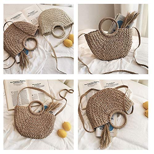  YUANLIFANG Straw Bag for Women Summer Yellow Grass Hollow Woven Rattan Bag Female Travel Fashion Moon Casual Handbag Tote