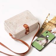 YUANLIFANG Rattan Woven Square Bag Ins Bag Wrap Round Package, Department, Handmade White Mini Woven Bag Pu Shoulder Strap