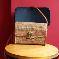 YUANLIFANG Temperament Straw Bag Bow Buckle Lady Rattan Bag Literary Fan Retro Messenger Bag Shoulder Bag Female