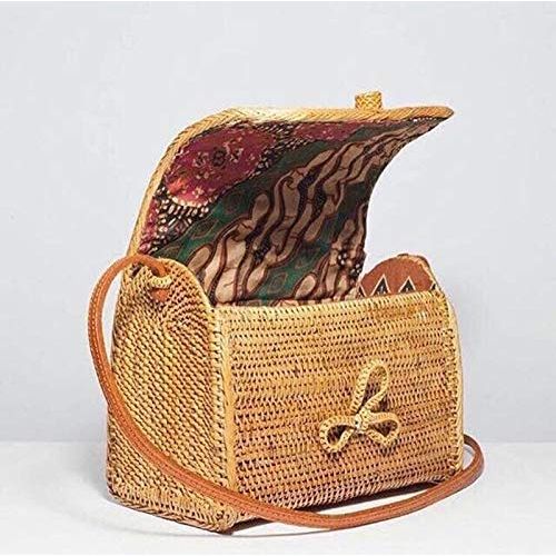  YUANLIFANG Temperament Straw Bag Bow Buckle Lady Rattan Bag Literary Fan Retro Messenger Bag Shoulder Bag Female