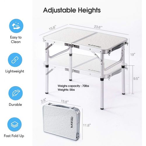  YUFIFAIRY Folding Table Small, 24L x16W Camp Field Aluminum Table with Adjustable Height Legs, Indoor Outdoor Lightweight Portable Folding Aluminum Dining Table for Picnic Camping 2-Feet（2 H