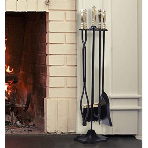  YUMEIGE Fireplace Tool 5 Pcs Fireplace Tool Sets, Wrought Iron Fireplace Fire Pit Fireset Tool Set, Heavy Duty Stove Chimney Kit Tool Set, Wood Stove Tool Kit, Antique Style, Golde