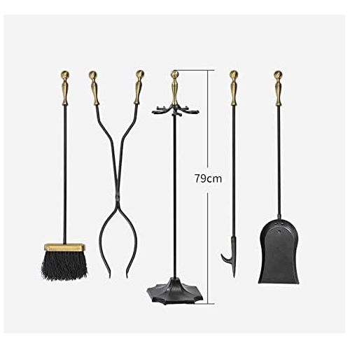  YUMEIGE Fireplace Tool 5 Piece Fireplace Tool Set, Utility Wrought Iron Hearth Kit, Fire Set Wood Stove Accessory, Indoor Outdoor Fireplace Decor, with Base, Broom, Tongs, Poker, S