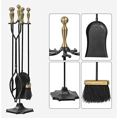  YUMEIGE Fireplace Tool 5 Piece Fireplace Tool Set, Utility Wrought Iron Hearth Kit, Fire Set Wood Stove Accessory, Indoor Outdoor Fireplace Decor, with Base, Broom, Tongs, Poker, S