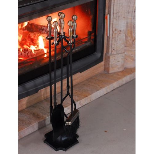  YUMEIGE Fireplace Tool 5 Piece Fireplace Tool Set, Utility Wrought Iron Hearth Kit, Fire Set Wood Stove Accessory, Indoor Outdoor Fireplace Decor, with Base, Broom, Tongs, Poker, S
