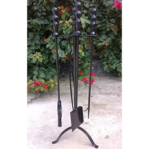  YUMEIGE Fireplace Tool Heavy Duty 5 Piece Wrought Iron Fireplace Tool Set, Classical Style Home Hearth Kit, Utility Firepit Stove Chimney Tool Set, Wood Stove Hearth Accessories, M