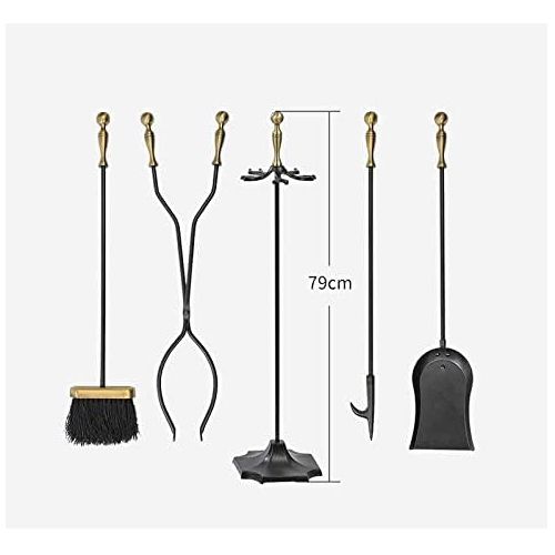 YUMEIGE Fireplace Tool 5 Pcs Fireplace Tool Sets, Wrought Iron Fireplace Fire Pit Fireset Tool Set, Heavy Duty Stove Chimney Kit Tool Set, Wood Stove Tool Kit, Antique Style, Golde