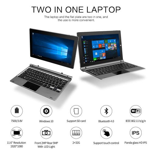  Yuntab YUNTAB 11.6 inch GA116C 2-in-1 Windows 10 Home Laptop Tablet PC 2GB  32GB, 1920 x1080 IPS Display, Dual Camera, WiFi, Intel Z8350(Quad-Core) Notebook Computer with Keyboard (Dark