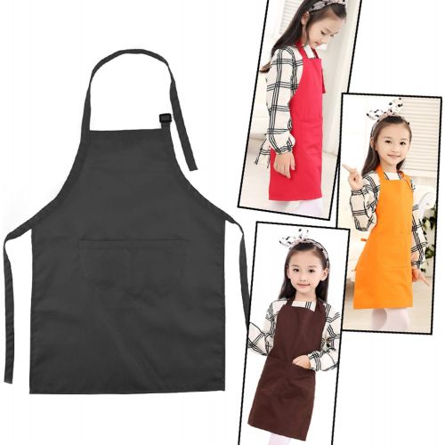  [아마존베스트]YUYIKES 7 Pieces Black Kids Apron with Pocket Kitchen Bib Children Adjustable Chef Aprons for Cooking Baking Painting (Black)