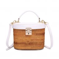 YVIVFHPWXF Leather Bamboo Woven Bag Rattan Bag Straw Bag Messenger Bag Handbag Retro Beach Bucket Bag