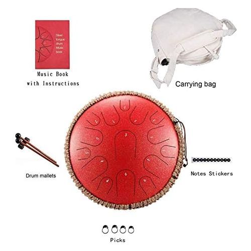  [아마존베스트]YWJJMY 15 Notes Steel Tongue Drum 13 Inch Handpan Drum Harmonic Tank Drum Meditation Yoga Zen with Beater Travel Bag for Beginners Music Lovers Gift (Colour: Red)