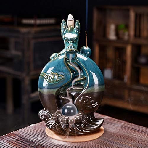  인센스스틱 YYW Dragon Backflow Incense Holder Waterfall Incense Burner, Smoke Incense Holder,with 20 Backflow Incense Cones+30 Incense Stick,1 Mat,1 Tweezers Aromatherapy Ornament Home Decor (Blu