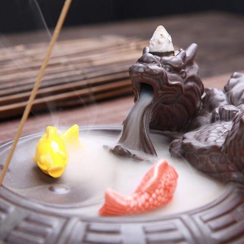  인센스스틱 KYIS Ceramic Backflow Incense Burner Dragon Incense Cone Sticks Holder Waterfall Burner for Aromatherapy Ornament Home Home Office Yoga (Dragon and Fish)