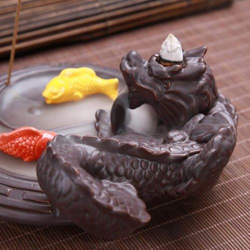  인센스스틱 KYIS Ceramic Backflow Incense Burner Dragon Incense Cone Sticks Holder Waterfall Burner for Aromatherapy Ornament Home Home Office Yoga (Dragon and Fish)