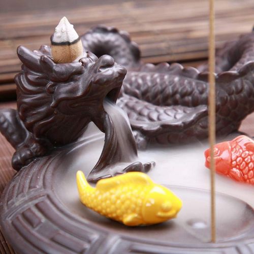  인센스스틱 KYIS Ceramic Backflow Incense Burner Dragon Incense Cone Sticks Holder Waterfall Burner for Aromatherapy Ornament Home Home Office Yoga (Dragon and Fish)