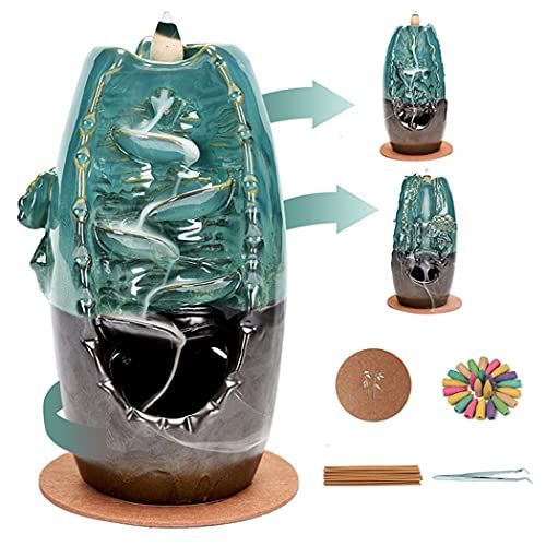  인센스스틱 YYW Three Sided Incense Holder Waterfall Ceramic Incense Holder Incense Backflow Burner with 200 Incense Cones+30 Incense Sticks+1 Tweezer+1 Mat