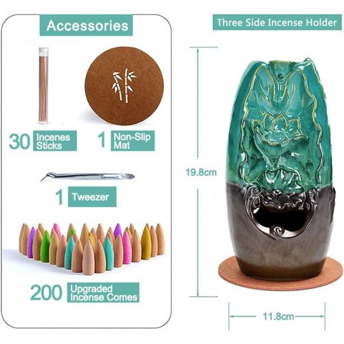  인센스스틱 YYW Three Sided Incense Holder Waterfall Ceramic Incense Holder Incense Backflow Burner with 200 Incense Cones+30 Incense Sticks+1 Tweezer+1 Mat