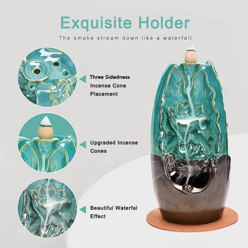  인센스스틱 YYW Three Sided Incense Holder Waterfall Ceramic Incense Holder Incense Backflow Burner with 200 Incense Cones+30 Incense Sticks+1 Tweezer+1 Mat