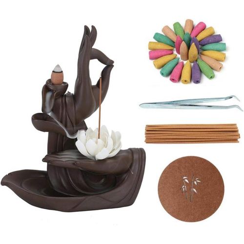  인센스스틱 YYW Lotus Incense Cone Holder, Waterfall Ceramic Backflow Incense Burner Incense Stick Holder for Home Decor Gift with 120pcs Backflow Incense Cones