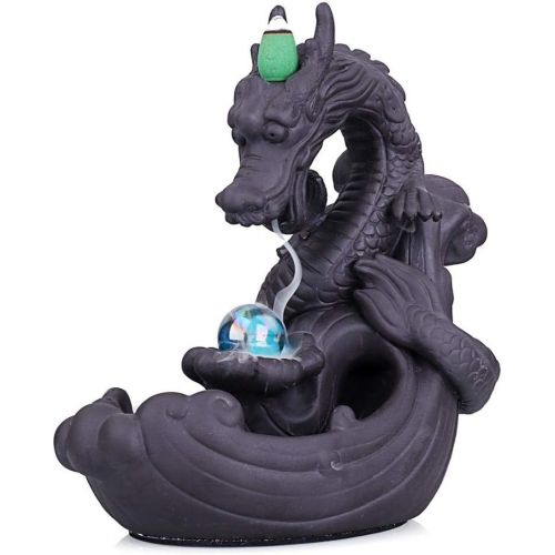  인센스스틱 YYW Backflow Incense Burner Dragon, Handmade Ceramic Backflow Incense Cone Sticks Holder Home Decor Porcelain with Little Glass Ball and 10 pcs Incense Cones 19x10x20cm