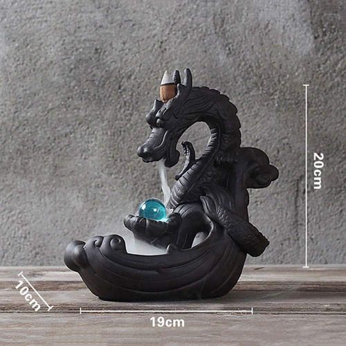  인센스스틱 YYW Backflow Incense Burner Dragon, Handmade Ceramic Backflow Incense Cone Sticks Holder Home Decor Porcelain with Little Glass Ball and 10 pcs Incense Cones 19x10x20cm