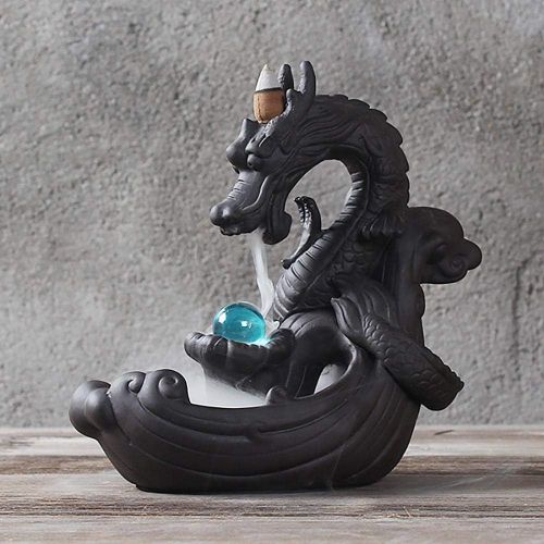  인센스스틱 YYW Backflow Incense Burner Dragon, Handmade Ceramic Backflow Incense Cone Sticks Holder Home Decor Porcelain with Little Glass Ball and 10 pcs Incense Cones 19x10x20cm