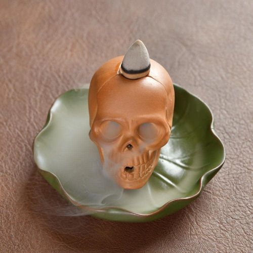  인센스스틱 YYW Skull Backflow Incense Holder Ceramics Waterfall Incense Burner Incense Stick Holder with Incense Stick, Incense Cones for Ornament Home Decor (Lotus Leaf - Skull)