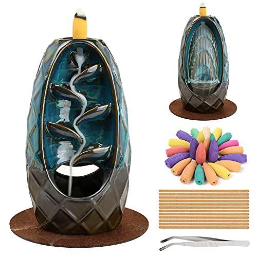  인센스스틱 YYW Backflow Incense Burner Holder Handmade Ceramic Dual-Sided Fountain Waterfall Incense Sticks Holder Home Decor with 120 Backflow Incense Cones 30 Incense Sticks 1 Tweezer 1 Mat for