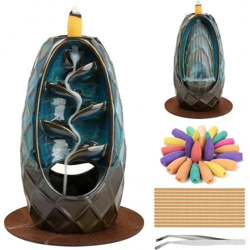  인센스스틱 YYW Backflow Incense Burner Holder Handmade Ceramic Dual-Sided Fountain Waterfall Incense Sticks Holder Home Decor with 120 Backflow Incense Cones 30 Incense Sticks 1 Tweezer 1 Mat for