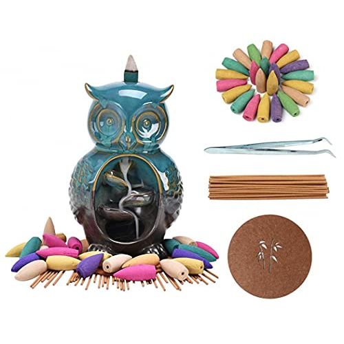  인센스스틱 YYW Backflow Incense Burner Holder Ceramic Owl Fountain Waterfall Incense Holder Handmade Home Decor with 20 Backflow Incense Cones 30 Incense Sticks 1 Tweezer 1 Mat for Indoor Meditat