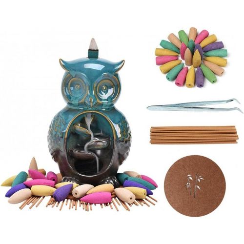  인센스스틱 YYW Backflow Incense Burner Holder Ceramic Owl Fountain Waterfall Incense Holder Handmade Home Decor with 20 Backflow Incense Cones 30 Incense Sticks 1 Tweezer 1 Mat for Indoor Meditat