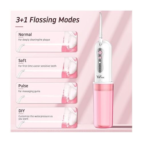  Water Dental Flosser Cordless for Teeth: Portable Oral Irrigator Rechargeable Collapsible Travel Teeth Cleaner with Case, 4 Modes with DIY, 5 Jet Tips, IPX7 Waterproof for Teeth Cleaning