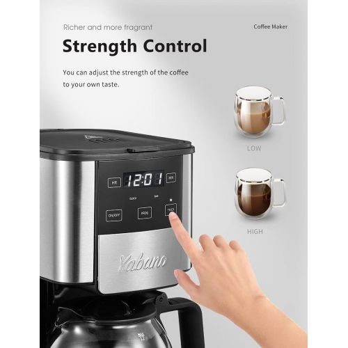  Yabano Programmable Coffee Maker, 12 Cups Glass Carafe with Keep Warming Pad, Mid-Brew Pause, Coffee Machine with Strength Control and Permanent Coffee Filter basket, Anti-Drip System, by