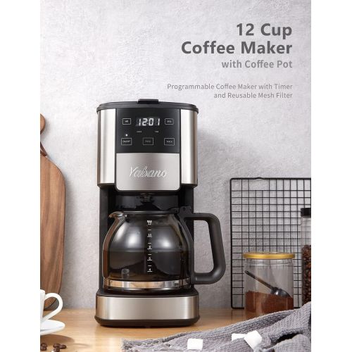  Yabano Programmable Coffee Maker, 12 Cups Glass Carafe with Keep Warming Pad, Mid-Brew Pause, Coffee Machine with Strength Control and Permanent Coffee Filter basket, Anti-Drip System, by