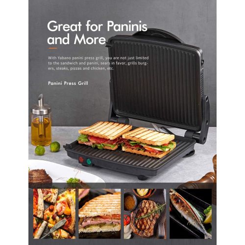  Panini Press Grill, Yabano Gourmet Sandwich Maker Non-Stick Coated Plates 11 x 9.8, Opens 180 Degrees to Fit Any Type or Size of Food, Stainless Steel Surface and Removable Drip Tr