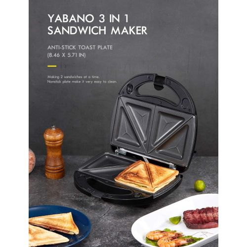  Yabano Sandwich Maker 3 in 1, Waffle Make with Removable Plate, Electric Panini Press Grill, Sandwich Toaster with Detachable Non-stick Coating, LED Indicator Lights, Cool Touch Handle, B
