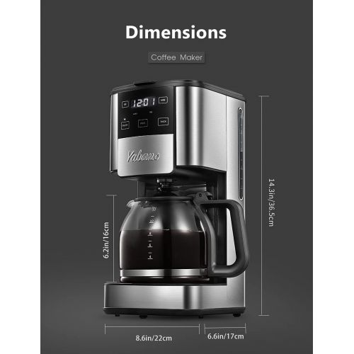  Yabano Programmable Coffee Maker, 12 Cups Coffee Pot with Timer and Glass Carafe, Brew Strength Control, Keep Warming, Mid-Brew Pause, Coffee Machine with Permanent Coffee Filter Basket,