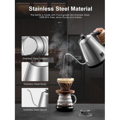  Yabano Electric Gooseneck Kettle, Variable Temperature Pour Over Cofee Maker, Tea Kettle with Coffee Dripper, Stainless Steel Water Kettle with Stainless Steel Inner, 1000W Quick Boiling,