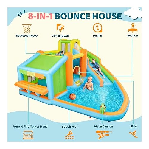  Yaheetech Inflatable Bounce House, Water Bouncer Castle for Kids Aged 3-10 W/Splash Pool, Toy Market Stand, Bouncer Area, Slide, Climbing Wall, Storage Bag, 520W Blower for Outdoor Backyard