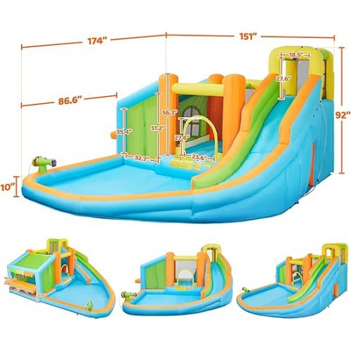  Yaheetech Inflatable Bounce House, Water Bouncer Castle for Kids Aged 3-10 W/Splash Pool, Toy Market Stand, Bouncer Area, Slide, Climbing Wall, Storage Bag, 520W Blower for Outdoor Backyard